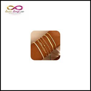 6-Piece Gold Plated Bracelet Set, Adjustable, Stackable, Hypoallergenic